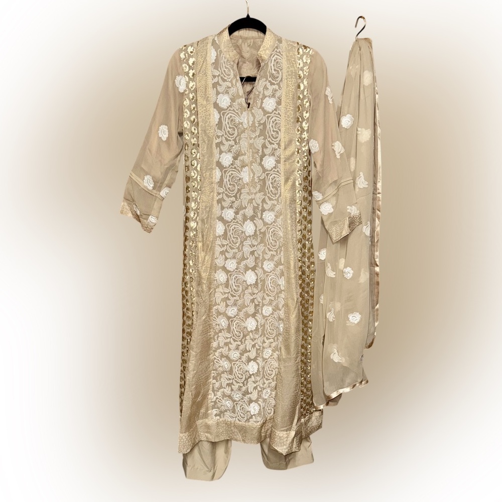 Elegant  Kurta Set Beige and Gold Embroidered Dress with Pants and Dupatta